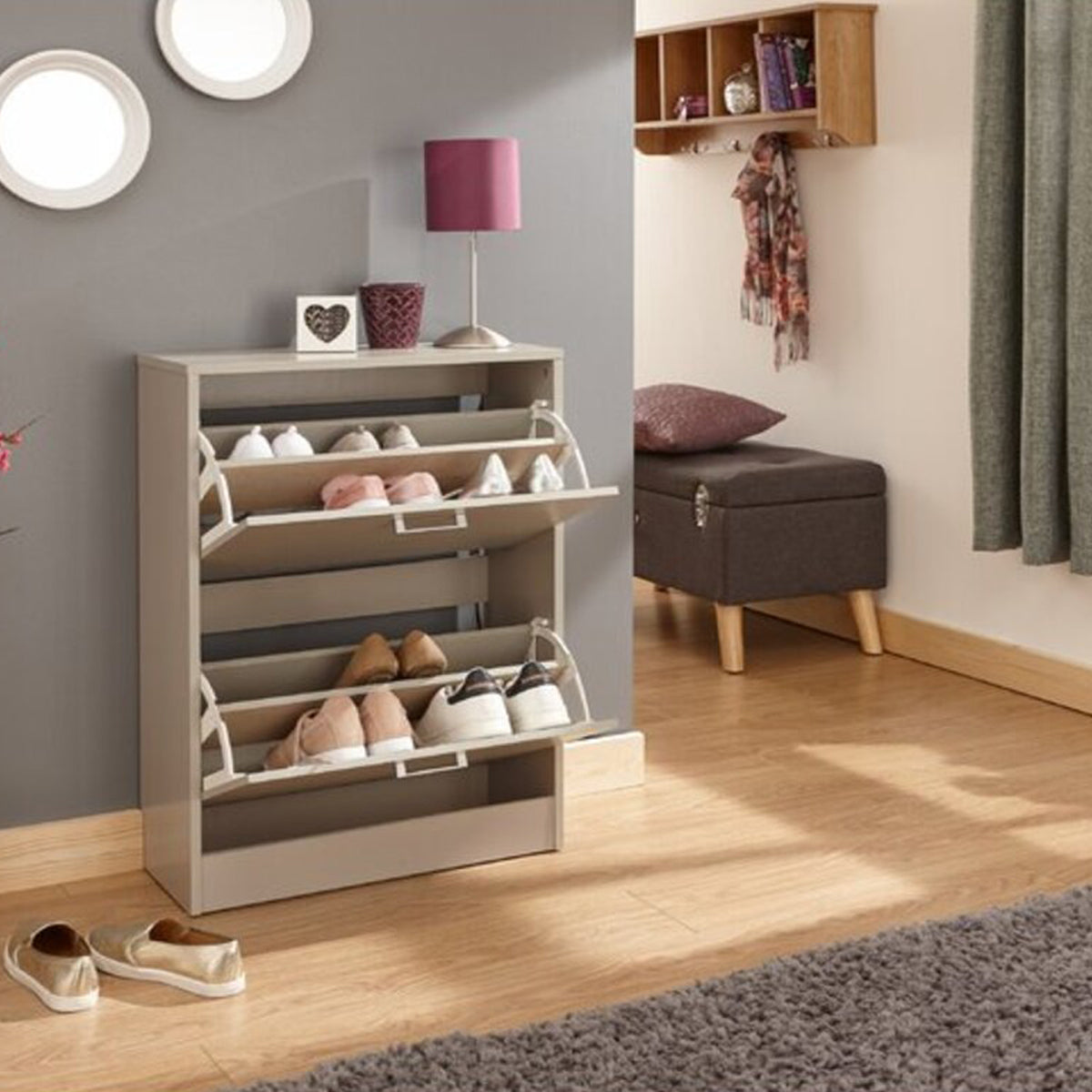 2 Tiered Flip Down Shoes Wooden Cabinate
