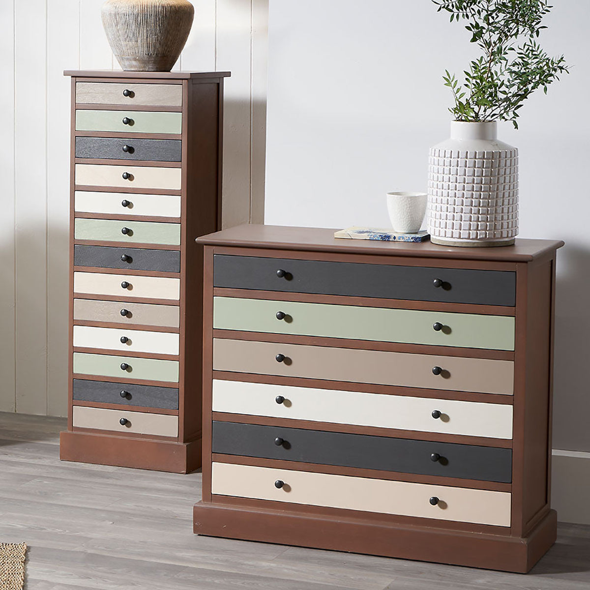Pine Wood Multicolored 6 Drawer Unit
