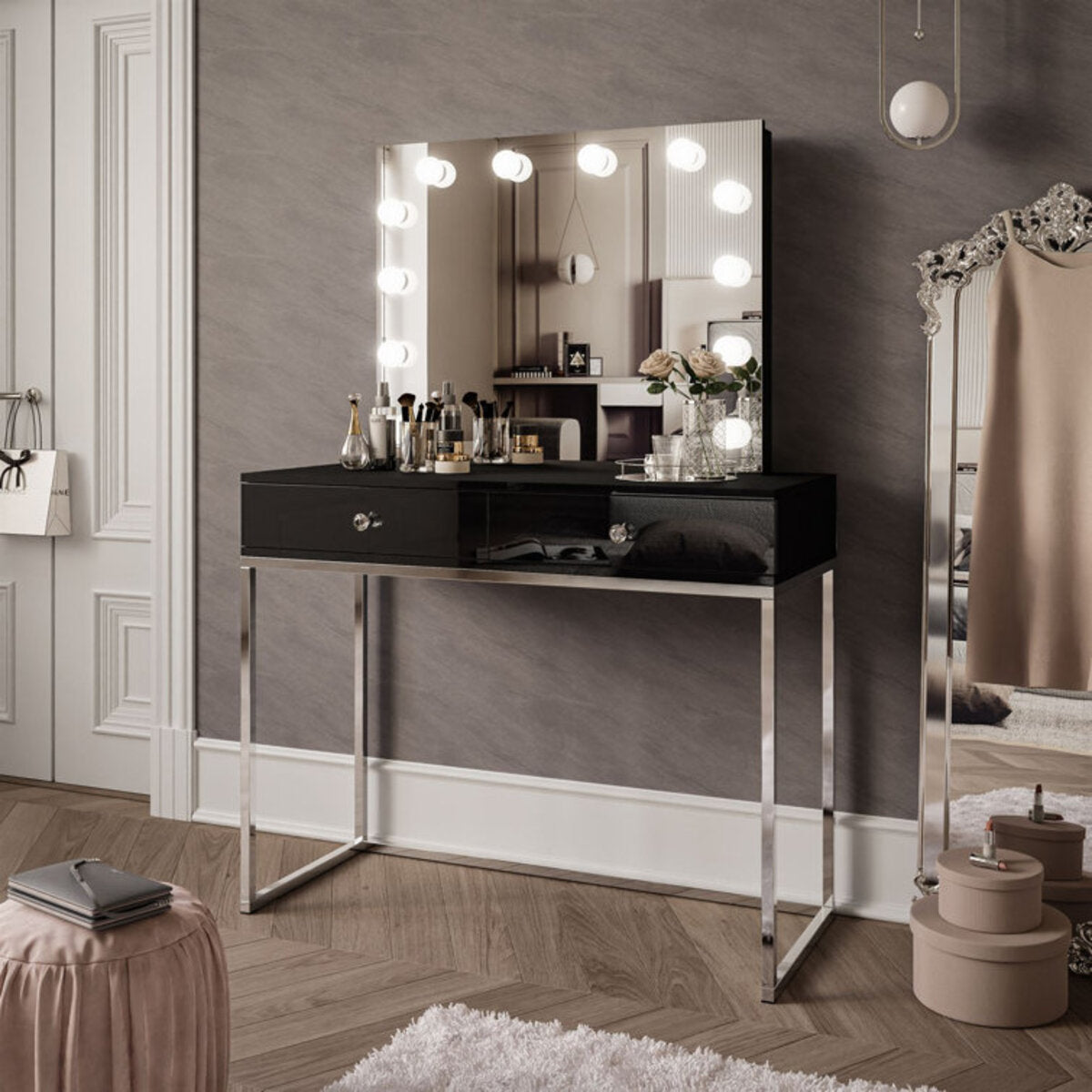 Metal Frame Solid Wood Dressing Table With LED Lights