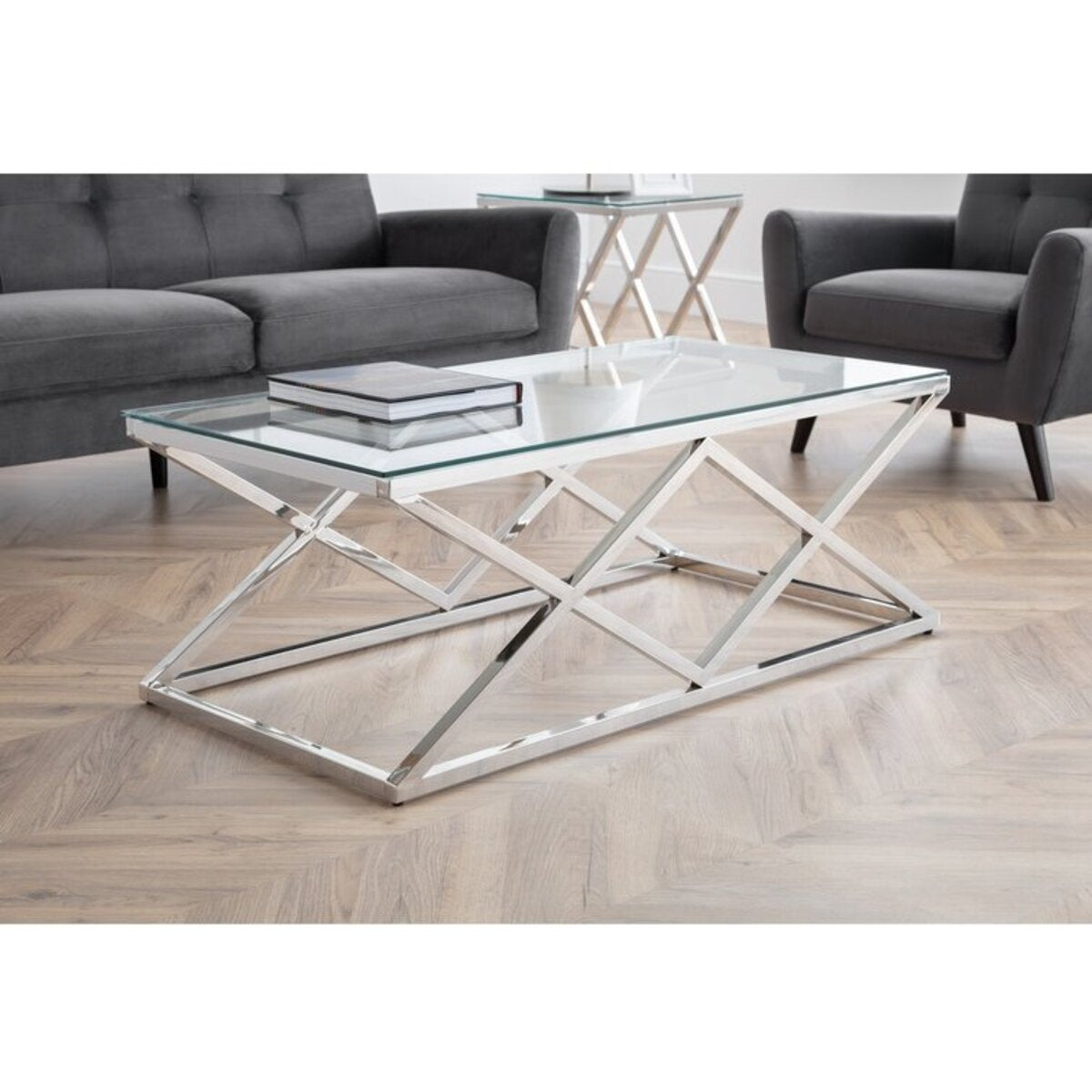 X-Shaped Steel Frame Tempered Glass Coffee Table