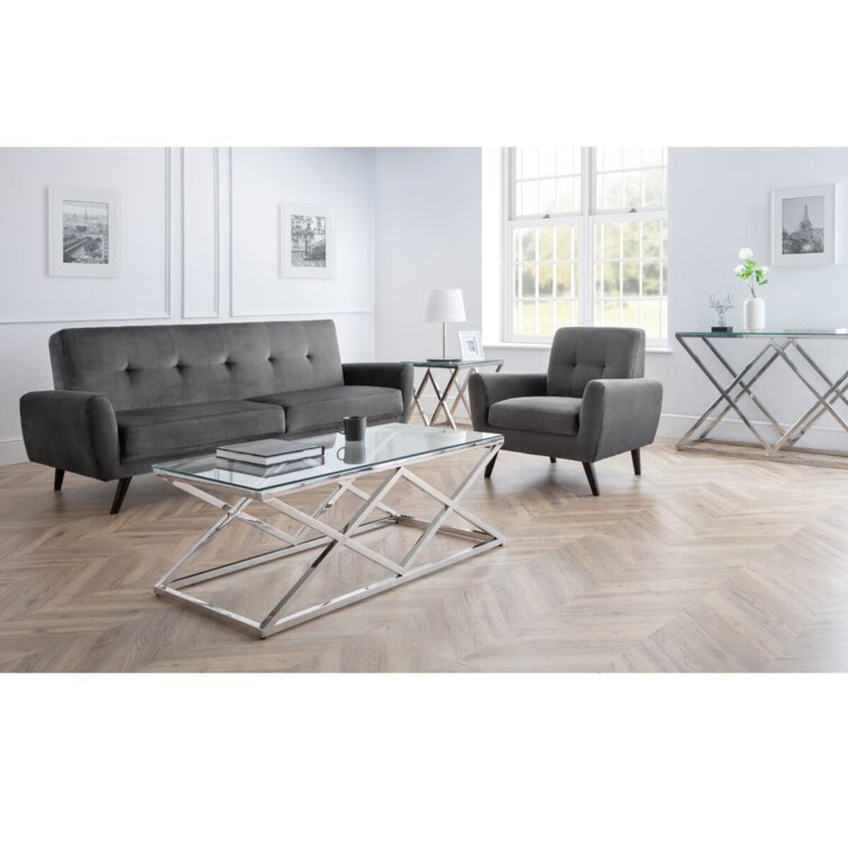 X-Shaped Steel Frame Tempered Glass Coffee Table