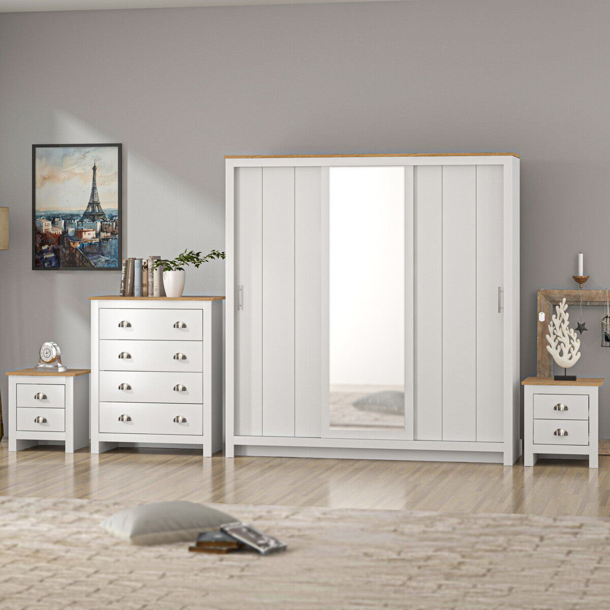 Sliding 3 Door metal handle Wardrobe with Mirror