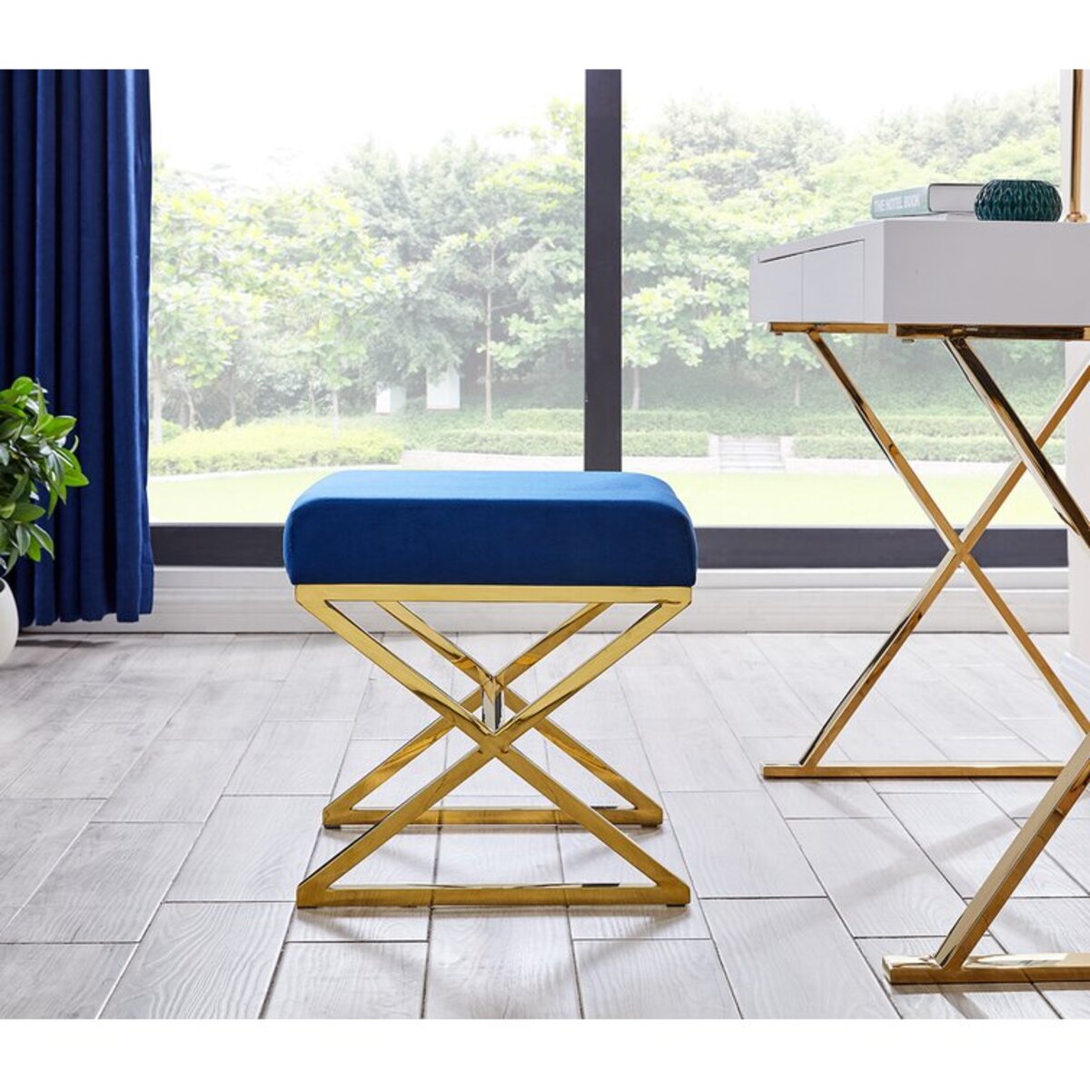 Velvet Covering Stool With Stainless Steel Cross Legs