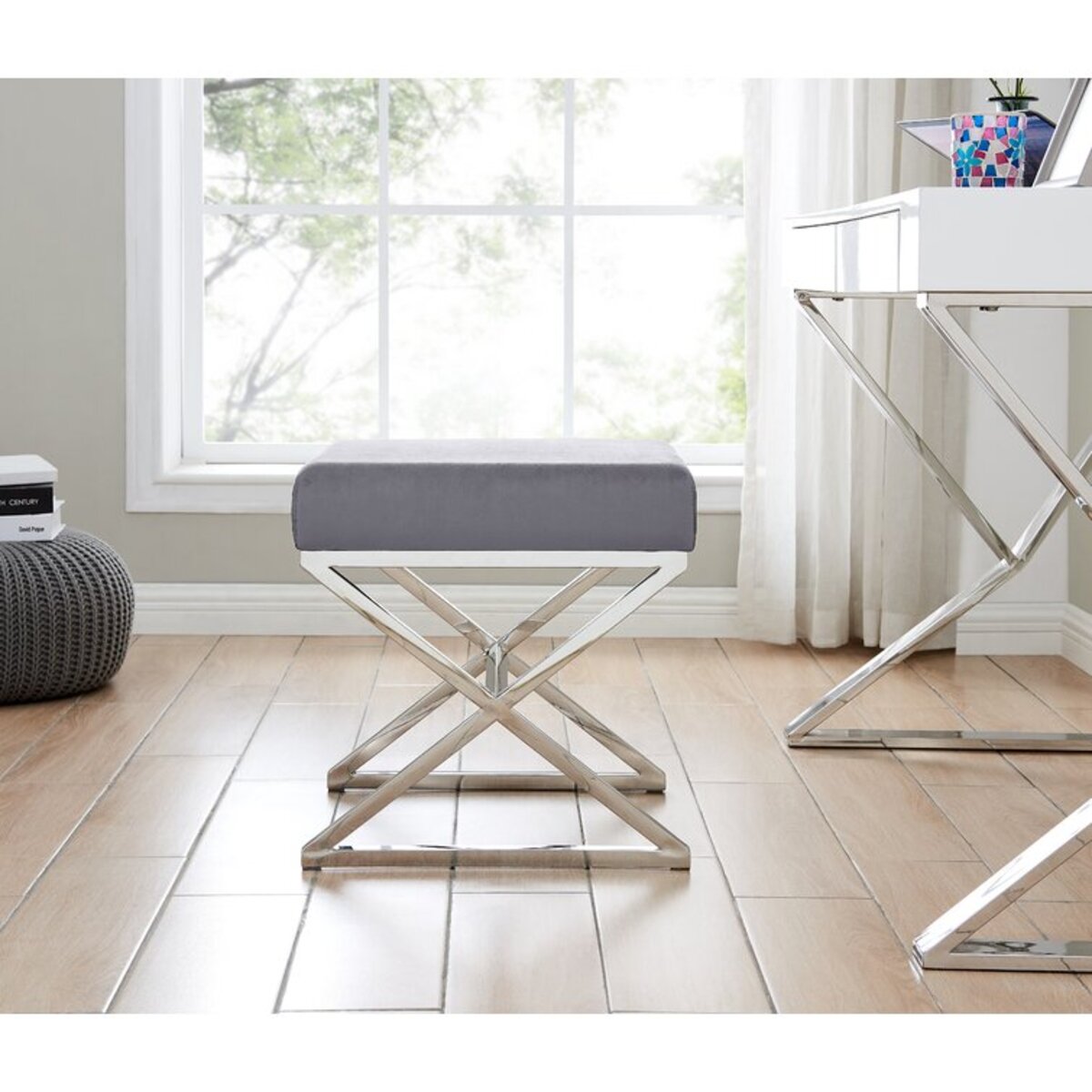 Velvet Covering Stool With Stainless Steel Cross Legs