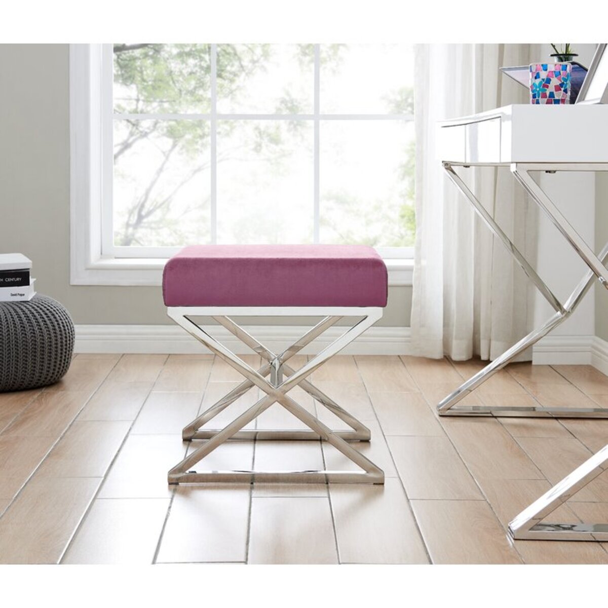 Velvet Covering Stool With Stainless Steel Cross Legs