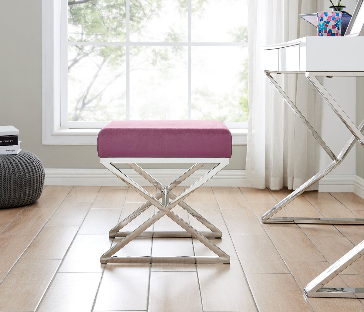 Velvet Covering Stool With Stainless Steel Cross Legs