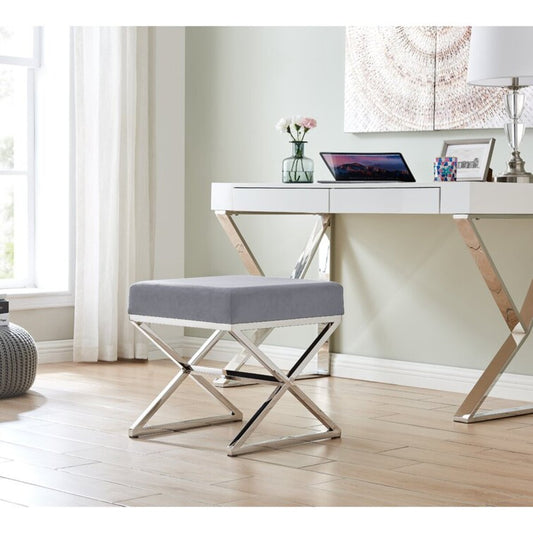 Velvet Covering Stool With Stainless Steel Cross Legs