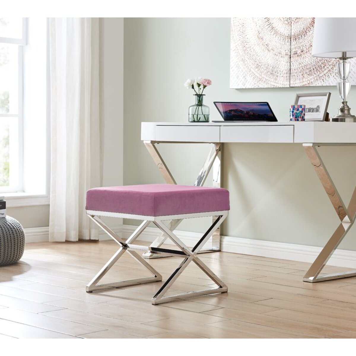 Velvet Covering Stool With Stainless Steel Cross Legs