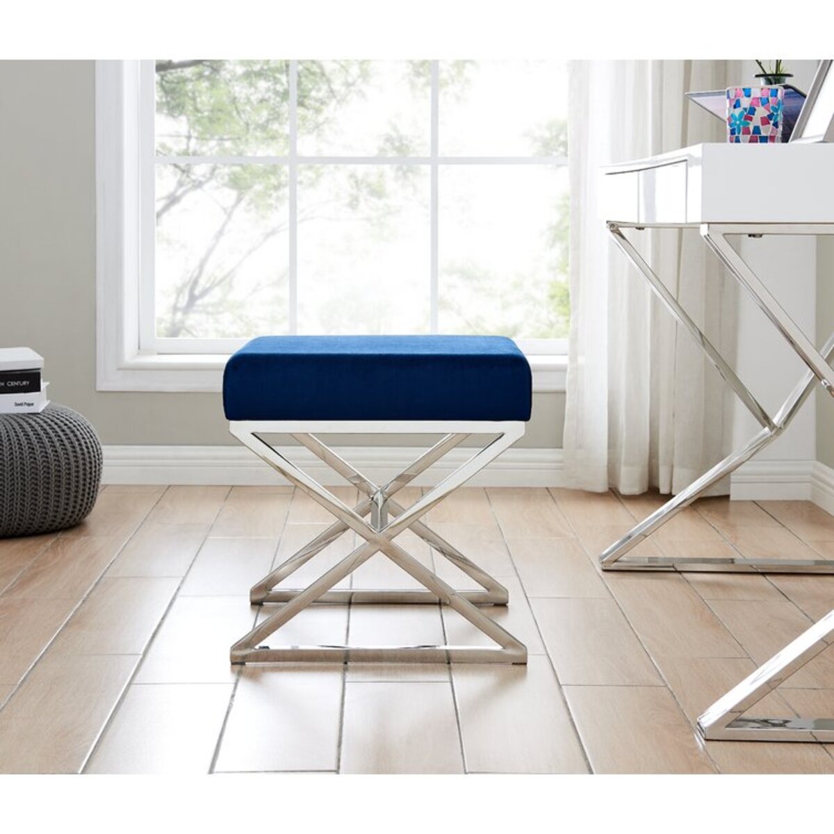Velvet Covering Stool With Stainless Steel Cross Legs