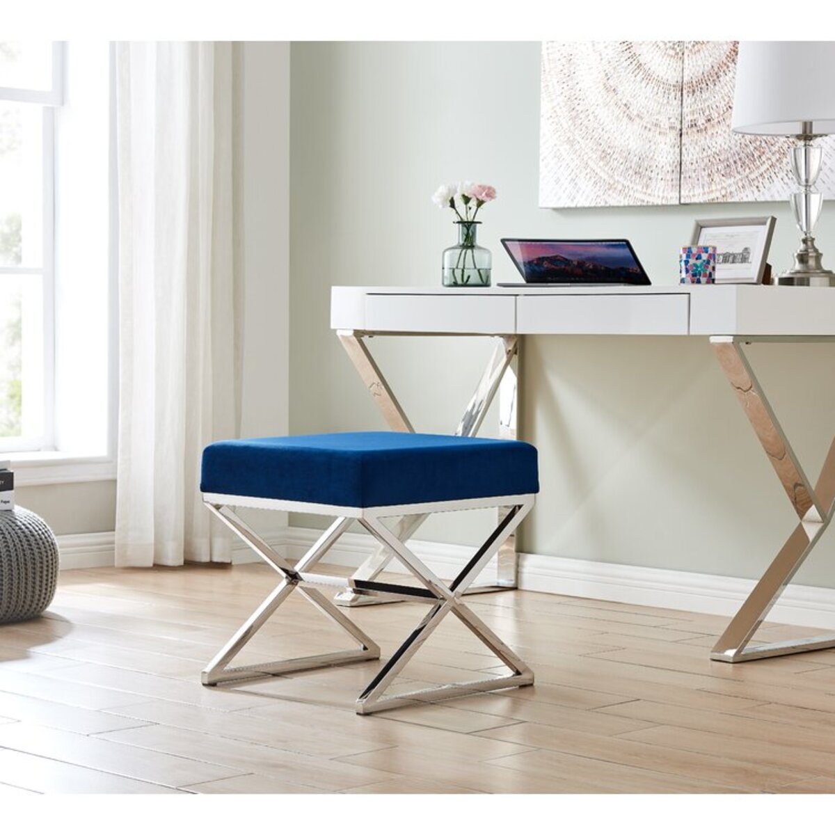 Velvet Covering Stool With Stainless Steel Cross Legs