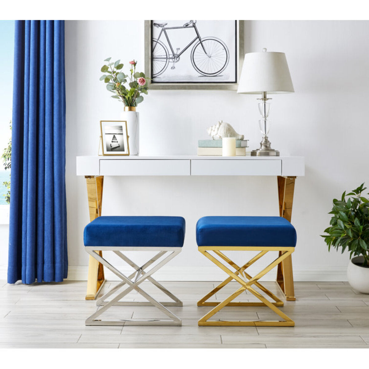 Velvet Covering Stool With Stainless Steel Cross Legs