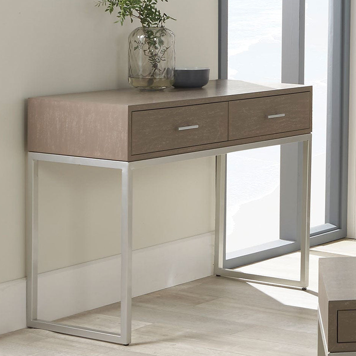 Wood & Silver Metal 2 Drawer Dressing Table